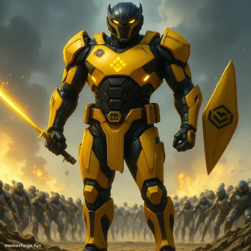 A highly detailed digital illustration of Captain BNB in an epic alien battlefield. Captain BNB stands confidently in the center, wearing futuristic gold and black battle armor with a large glowing BNB logo on his chest. He's wielding a high-tech plasma sword in one hand and a round energy shield with Binance logo in the other. All around him, bizarre alien creatures with glowing eyes, tentacles, and sharp claws charge towards him across a cracked, glowing terrain. The sky is filled with multiple moons, swirling green energy storms, and distant starships engaged in combat. Explosions and laser beams light up the battlefield, creating a chaotic but cinematic sci-fi war scene. Dynamic lighting, lots of motion, vibrant colors, and a slightly exaggerated comic-book style. Intense, action-packed, and meme-worthy.