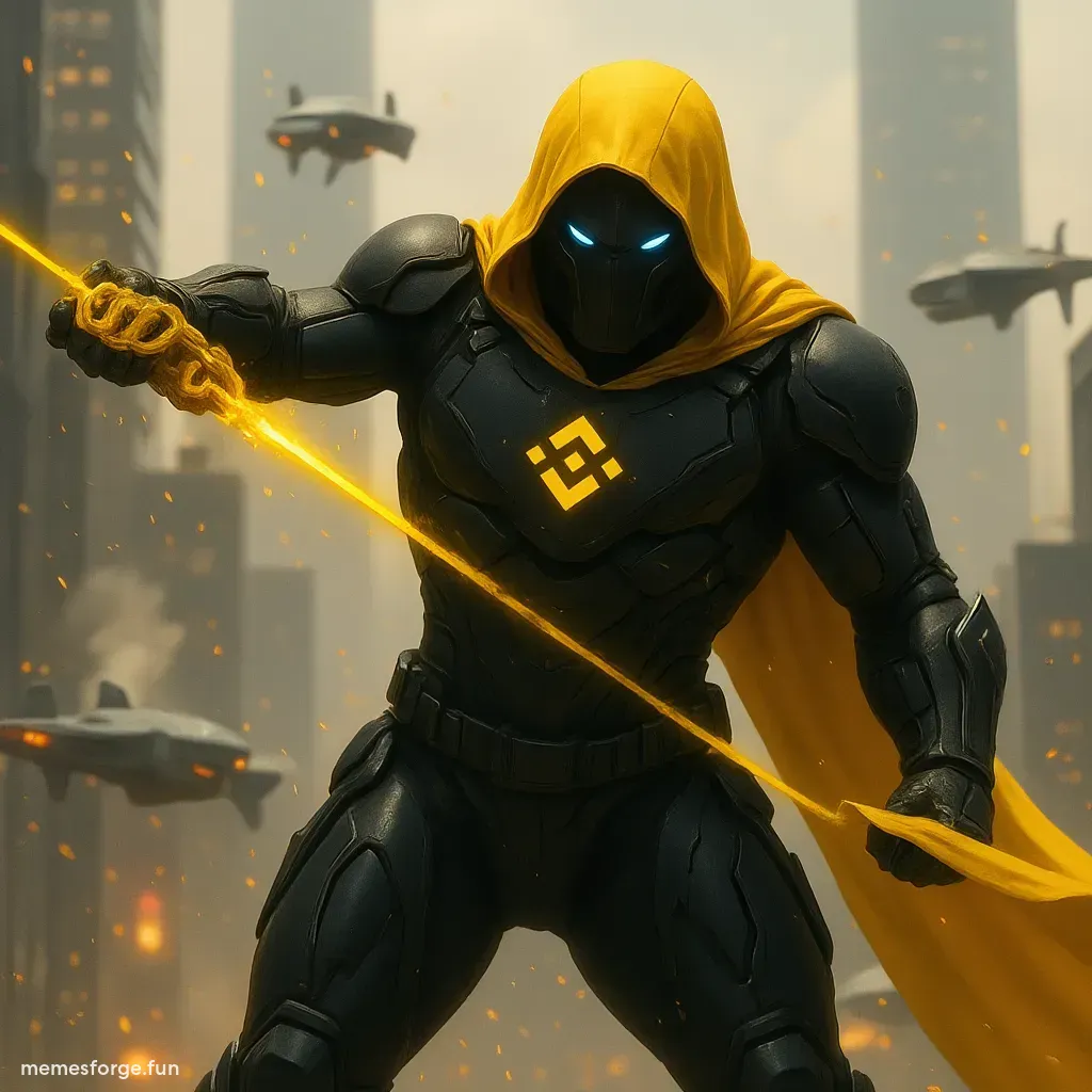 Captain BNB deflecting laser beams from multiple directions with his shield, protecting a glowing BNB chain behind him. Alien ships circling in the skies above, preparing another wave of attack. His eyes glowing with power, cape blowing in the wind.