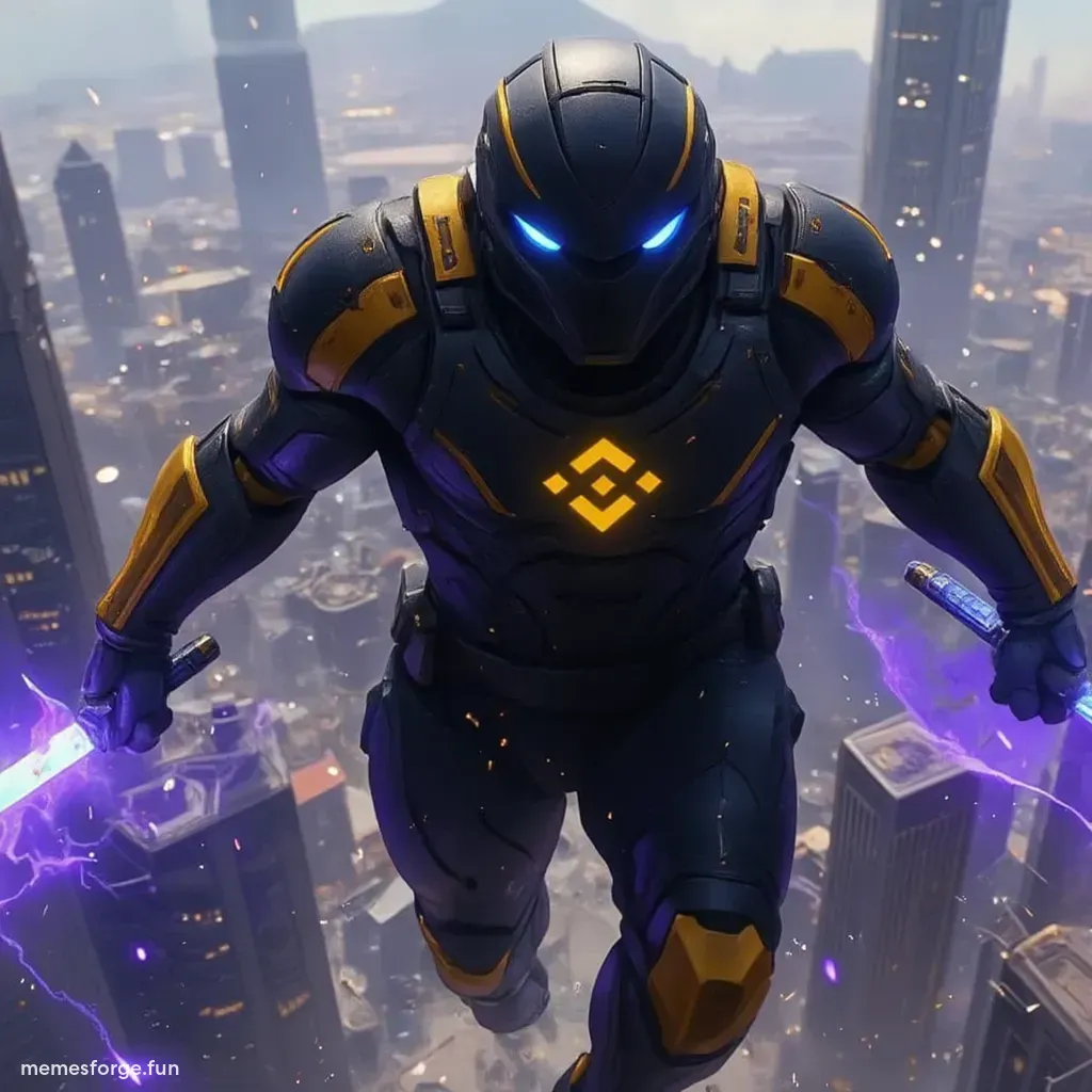 flying with epic purple aura and blue fire swords behind destroyed city