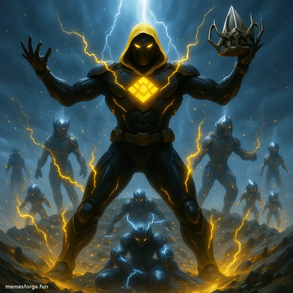 Captain BNB standing on top of a massive defeated alien king, holding its crown in one hand, plasma sword in the other. The alien army is retreating in fear. The sky glows with electric storms and distant explosions. BNB logo shining in the background like a rising sun. High-energy, comic-book style, ultra-dramatic pose.