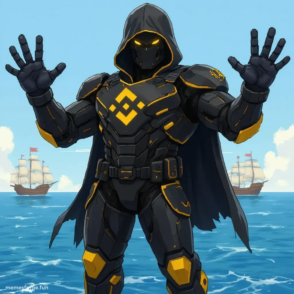 Captain BNB with coins and a pirate ship in 8-bit style