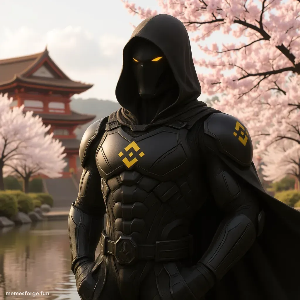 CaptainBNB standing in a Japanese garden with his hood up with a Buddhist temple in the distance