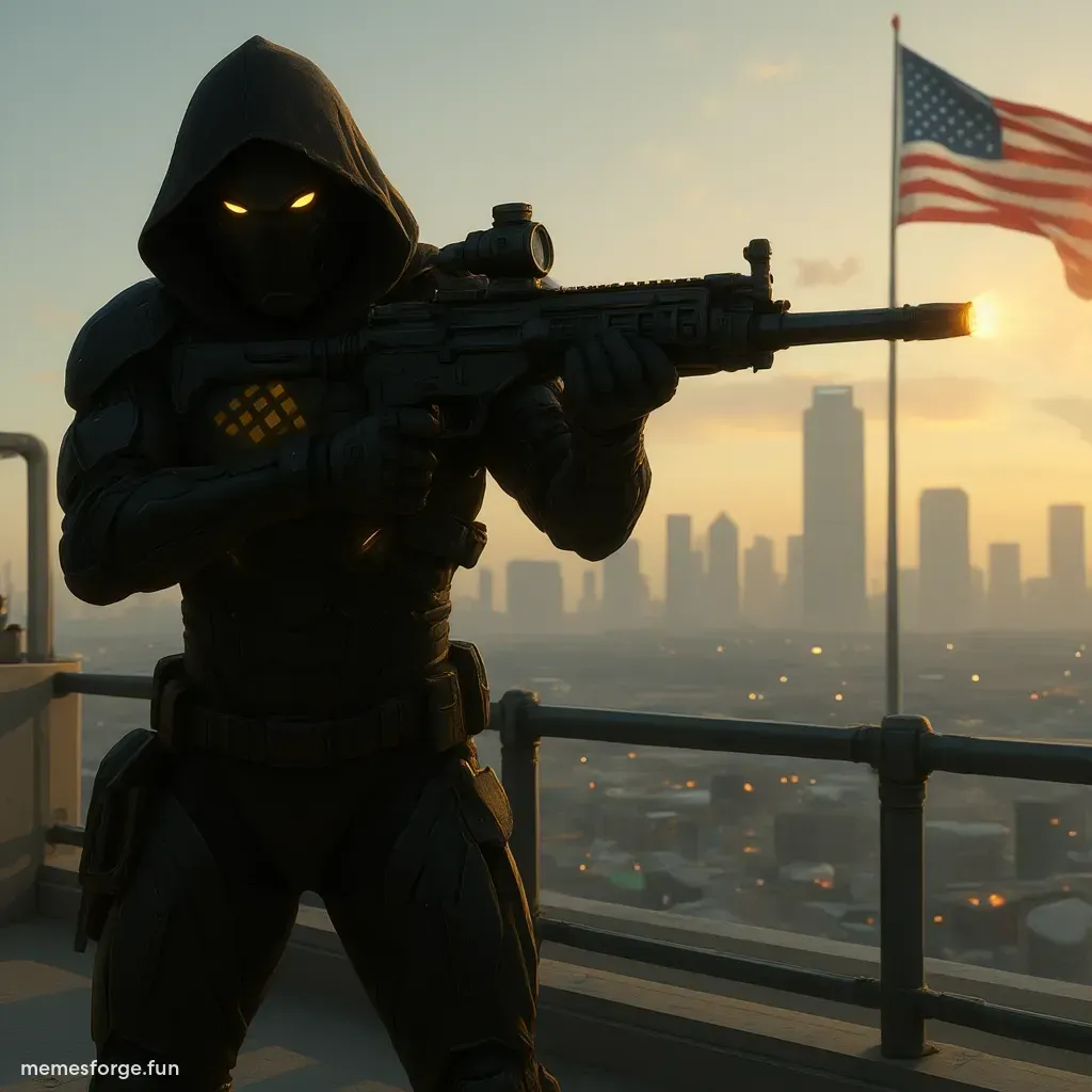 Captainbnb shooting a sniper rifle on a rooftop with the American flag in the background