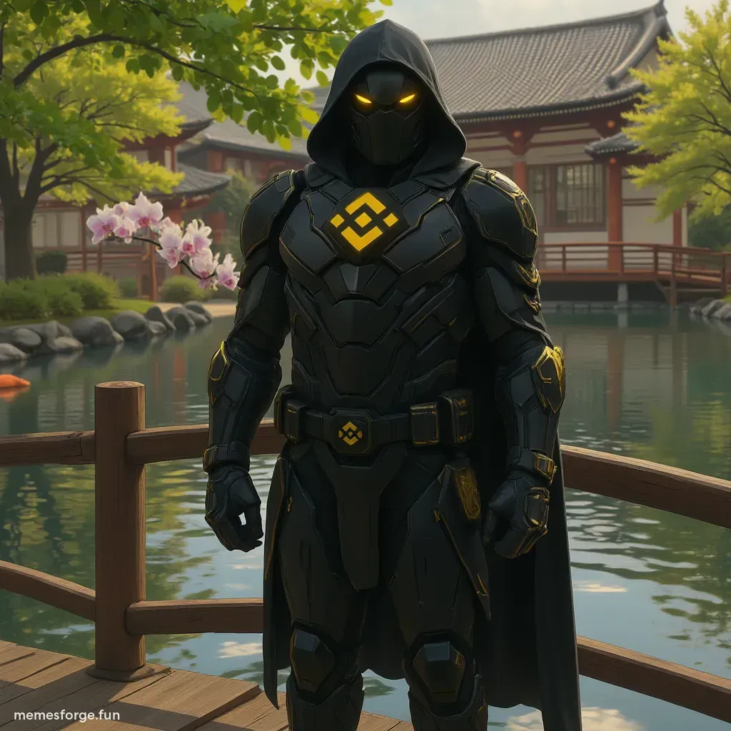 CaptainBNB standing in a Japanese garden on a bridge with koi in the pond and orchids scattered around