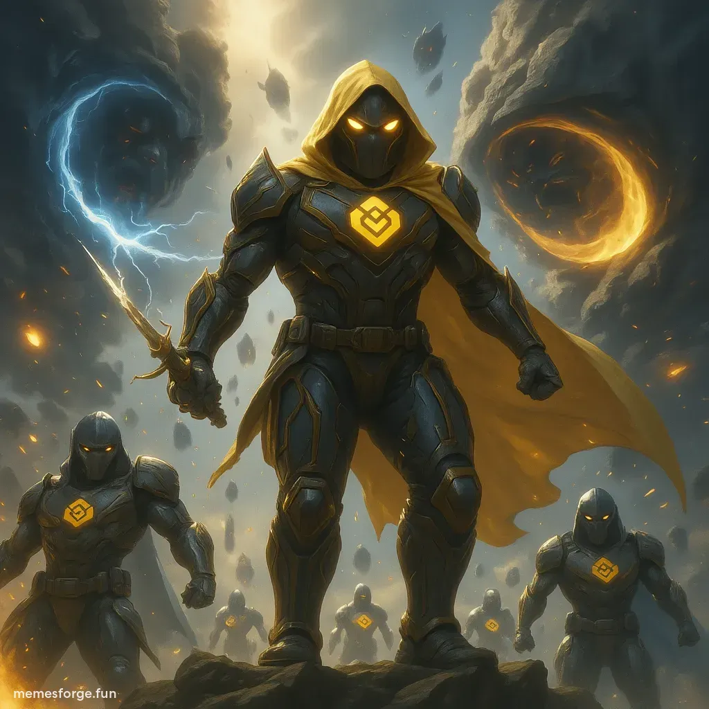 Captain BNB standing on a floating platform between multiple wormholes, each representing rival chains (ETH, SOL, AVAX, etc). Each portal has enemy generals emerging. Captain BNB stands calm, gripping his sword, glowing BNB armor activated, ready for battle.