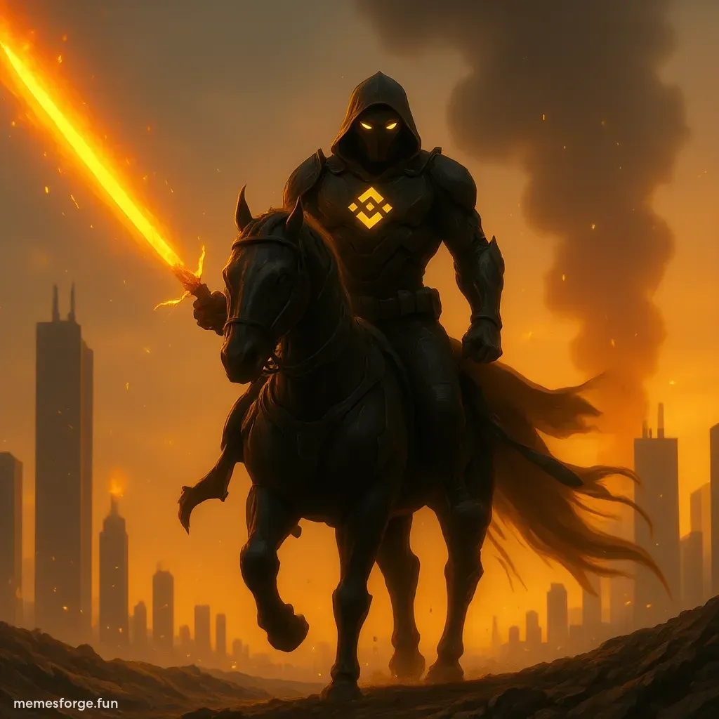 CaptainBNB riding a black horse holding a large sword with a burning apocalyptic city far in the background
