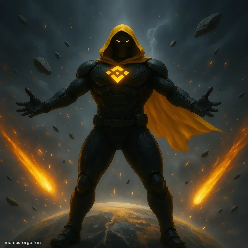 Realistic Captain BNB standing on a planet-sized Binance logo, blocking meteors labeled