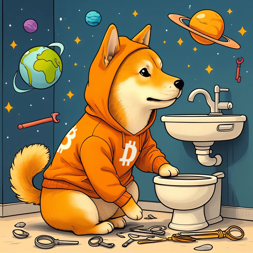 A dog doing some bathroom plumbing with a space theme
