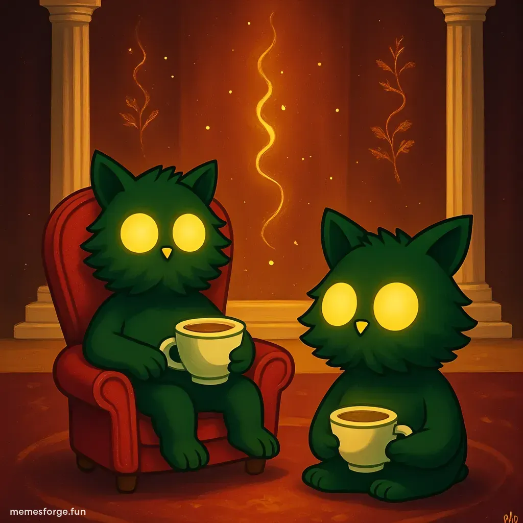 Cartoon king with golden crown receiving coffee from $fair character, digital illustration style with vibrant colors