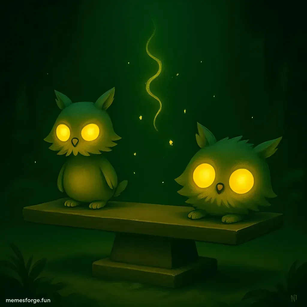 Trump and Elon on a balanced scale, yellow FAIR text, dark green background with swirling patterns