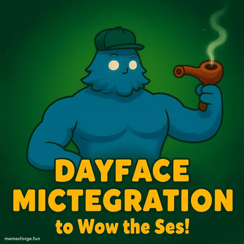 Blue muscular cartoon character with pipe and backwards cap, bold yellow FAIR text overlay, dark green swirling background