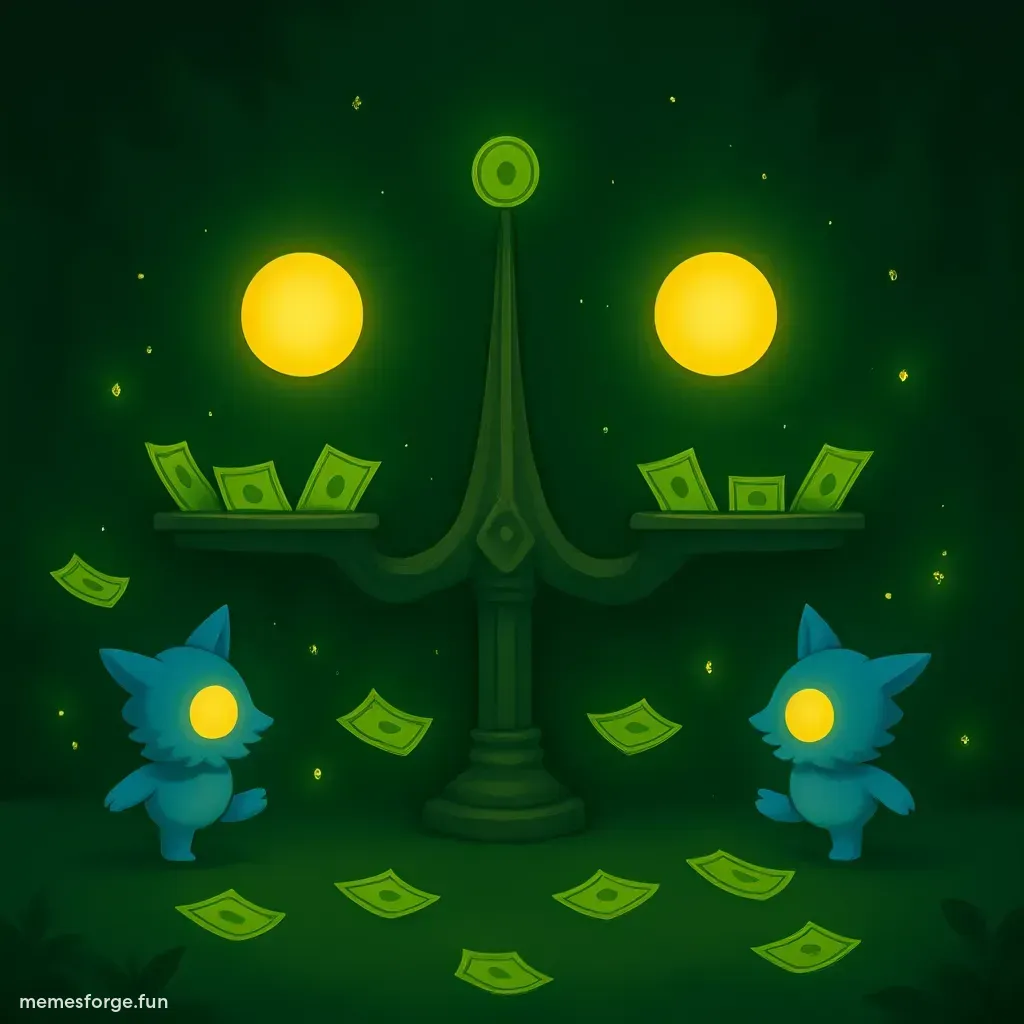 A scale of justice with crypto coins on one side and bots on the other, bold yellow FAIR text above it, dark green background