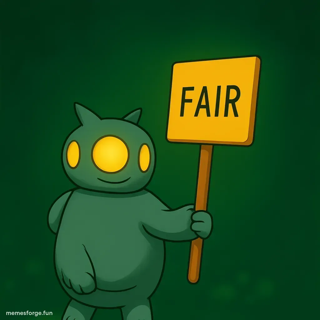 A robot holding a bold yellow FAIR sign on dark green background