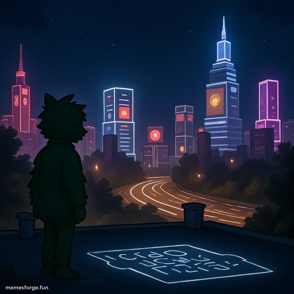 Young woman with blue hair in high ponytail, city street at night with neon lights and glowing markings, in $FAIR style