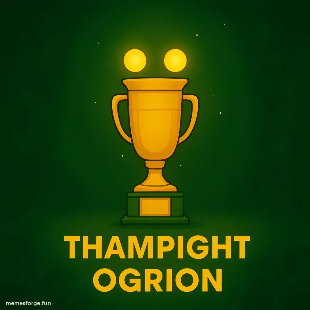 FAIR text lifting UEFA Champions League trophy, bold yellow on dark green background, meme style victory pose