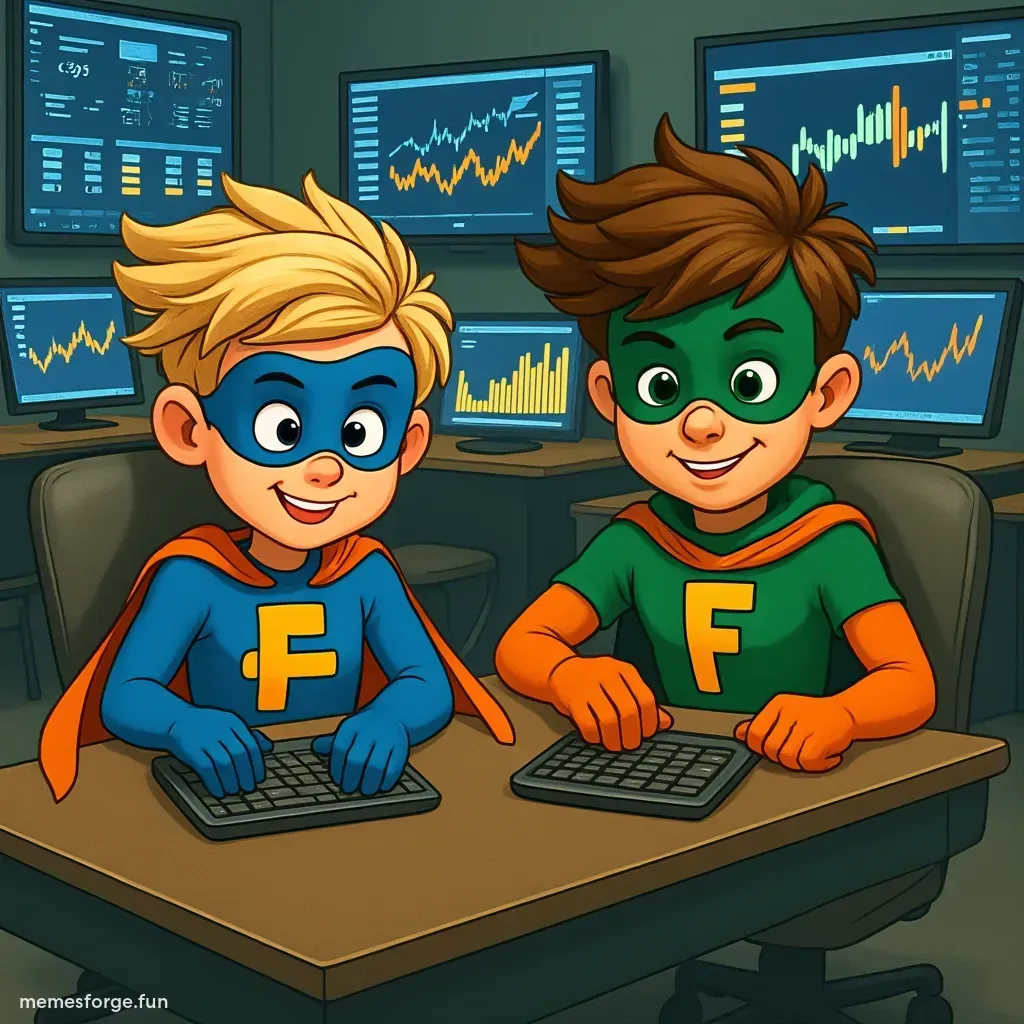 Fartboy and hyperman trading $fartboy and $hyper crypto in a room filled with computers