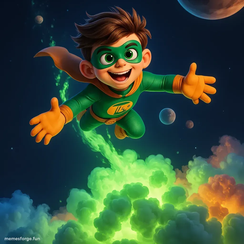 Fartboy flying through space on a green candle chart, leaving a trail of gas clouds.