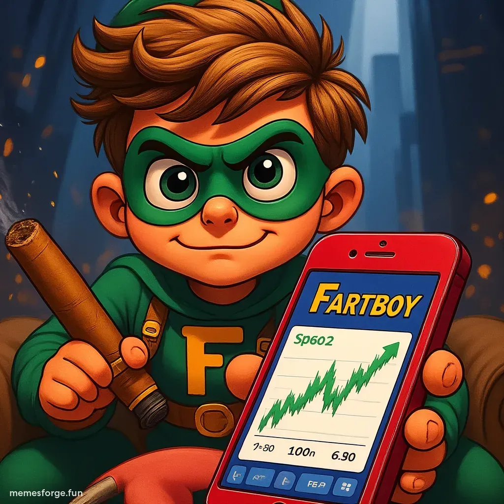 Fartboy holding a cigar and a phone showing a crypto chart spike. Bright colors, dramatic lighting, smug expression. A close up shot