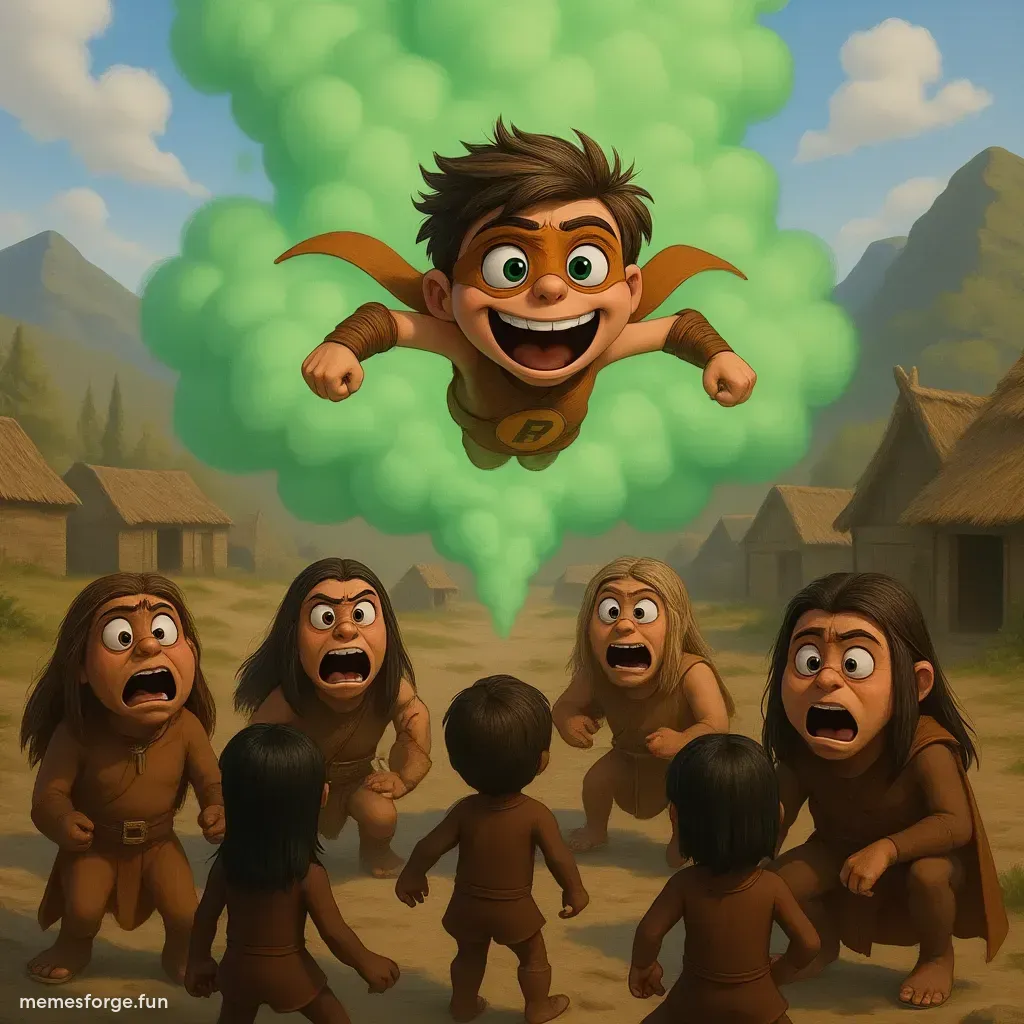 Fartboy with his suit levitating as a god during during stone age, happy face expression green smoke surrounding him. Neanderthals looked shocked and scared.
pixar 3D style