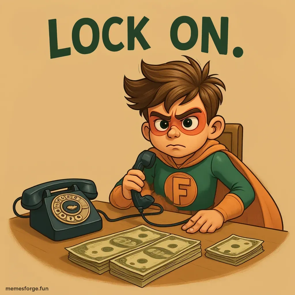 Fartboy sitting at a table with a large stack of money, talking on a vintage rotary phone. Fartboy looks serious and focused. Warm lighting with a soft, vintage aesthetic. Text at the top says 'Lock in.' in bold, retro font."