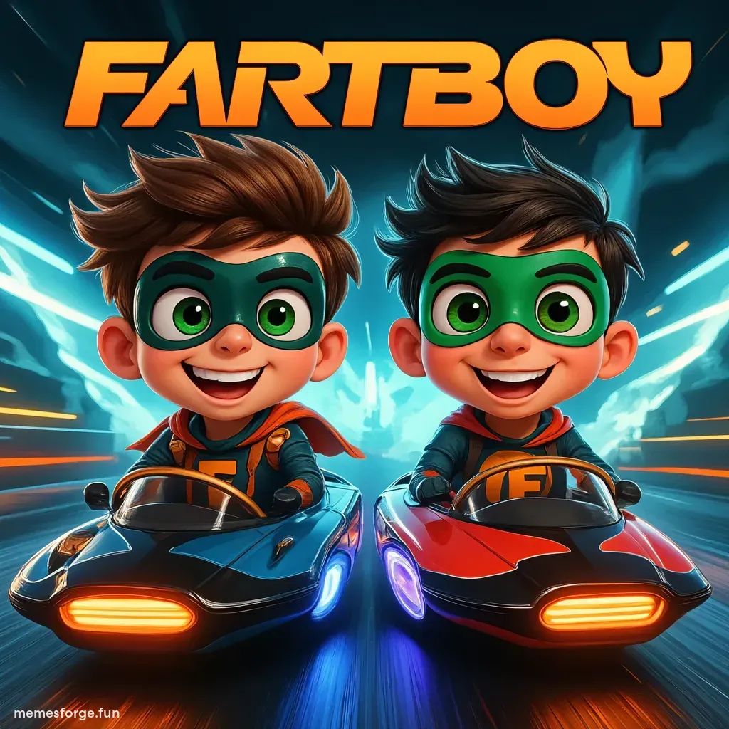 Fartboy and Hyper (decked in futuristic racing gear) blasting side-by-side in a meme-racer hovercraft.