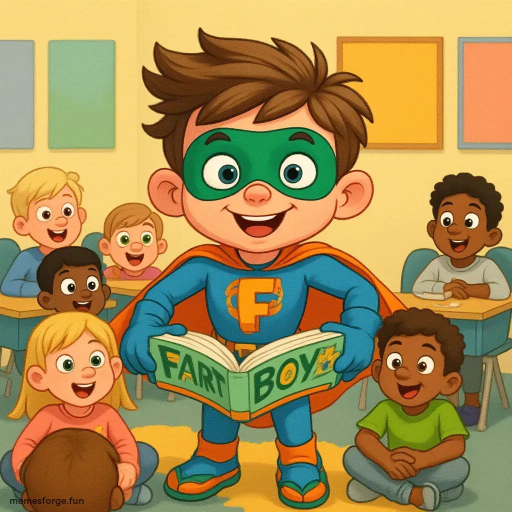 Fartboy reading the Fartboy book to a class of kids