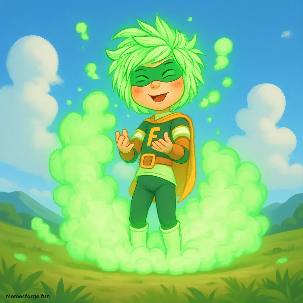 Fart boy holding in his cupped hands, a powerful green fart energy beam in the same stance as goku from dragonball z doing a kamehameha wave