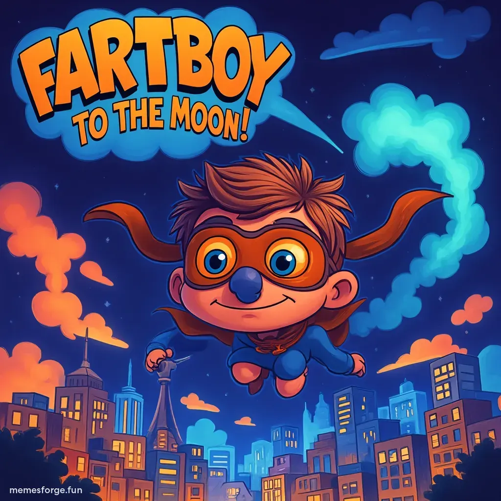 Create a hilarious, vibrant digital artwork for a 'Fartboy' meme token. Picture a cheeky, cartoon-style superhero kid with a mischievous grin, wearing a green cape and a gas mask, mid-flight with a colorful fart cloud propelling him through the sky. The background is a neon-lit cityscape at night, with exaggerated, playful fart clouds swirling around. Add bold, comic-book-style text saying 'FARTBOY: TO THE MOON!' in a speech bubble. Use a mix of absurd humor, crypto meme vibes, and a touch of edgy street art aesthetic. Make it eye-catching, chaotic, and perfect for a viral meme token community.
