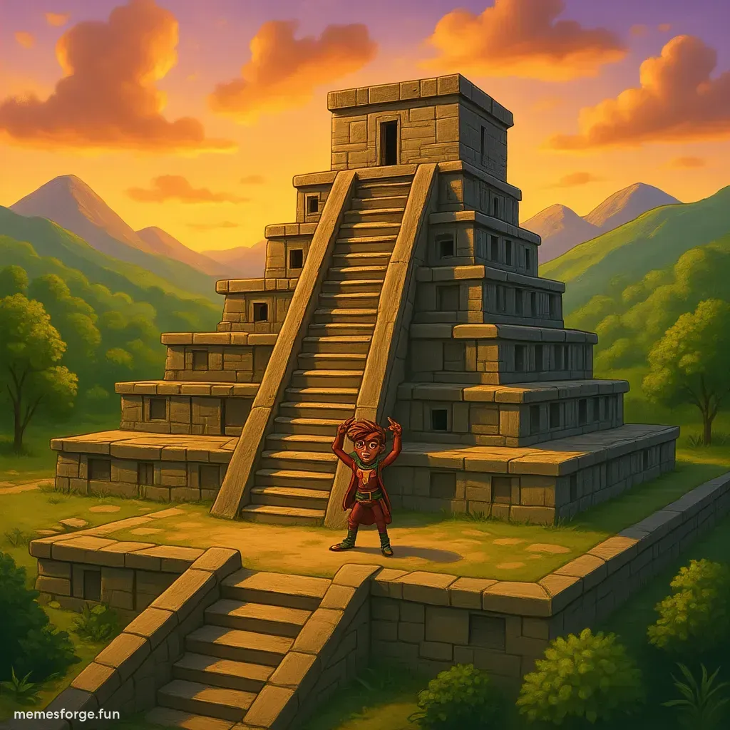 Fartboy as an Aztec warrior on top of an Aztec Temple with Jungle and Sunsetting in background