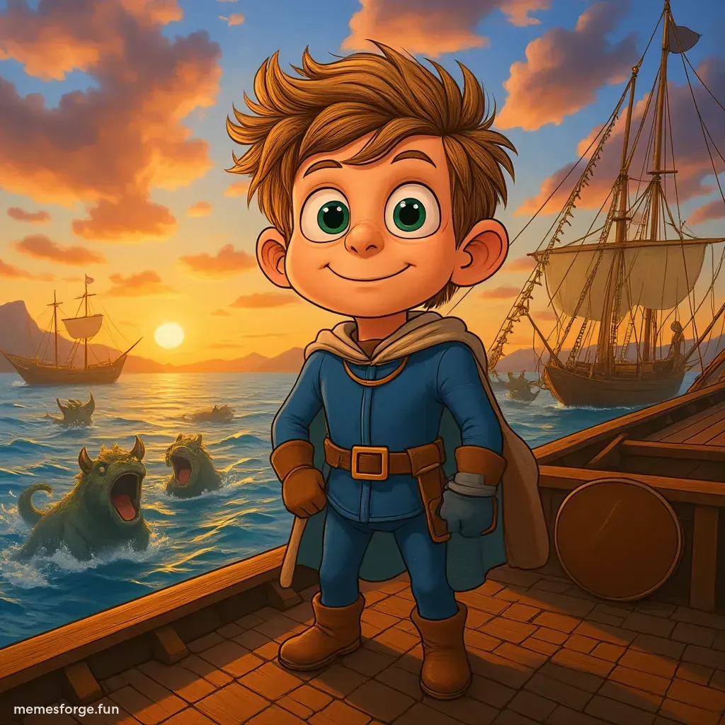 Fartboy as a Viking on a Viking Ship with Sea Monsters around and sun setting in background