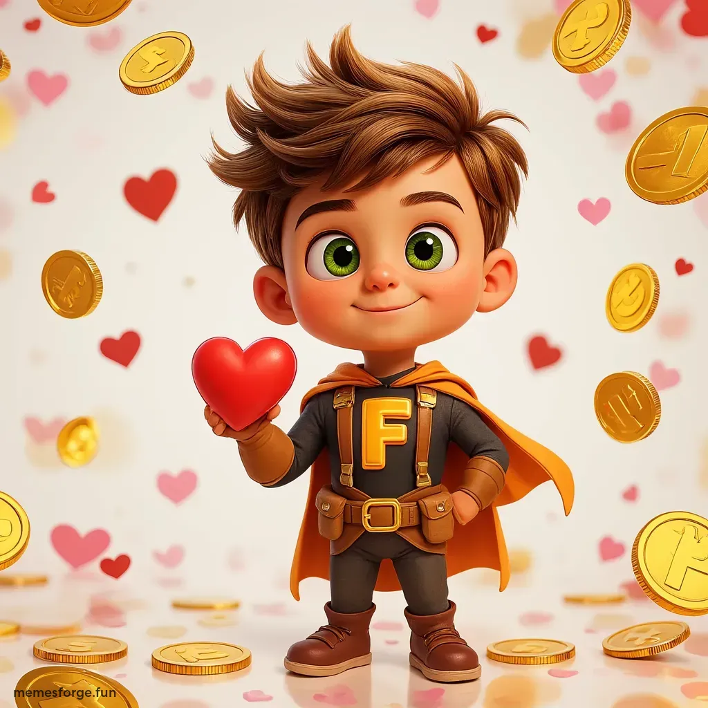 Fartboy superhero with hearts and crypto coins