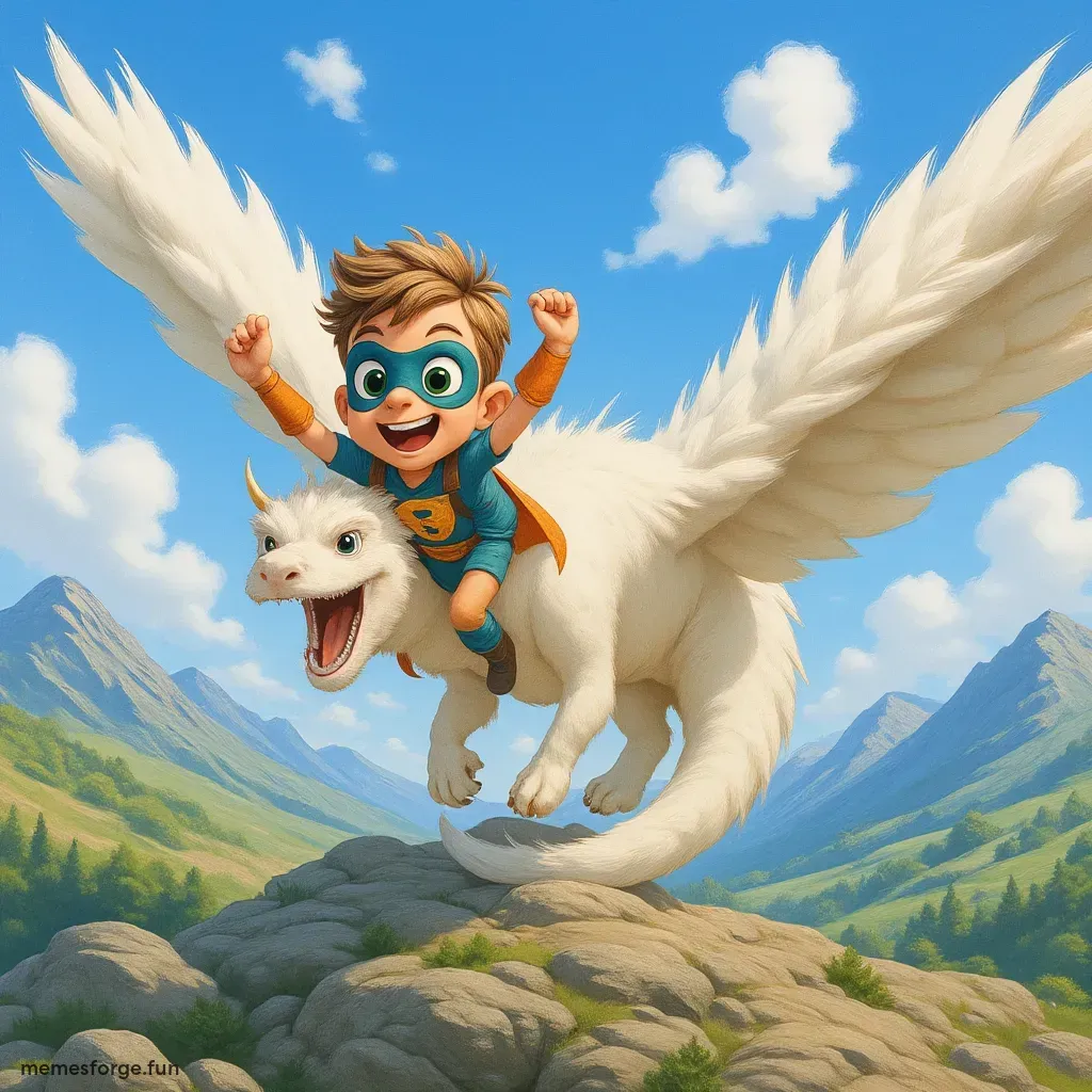 Riding a white fluffy dragon. Realistic style