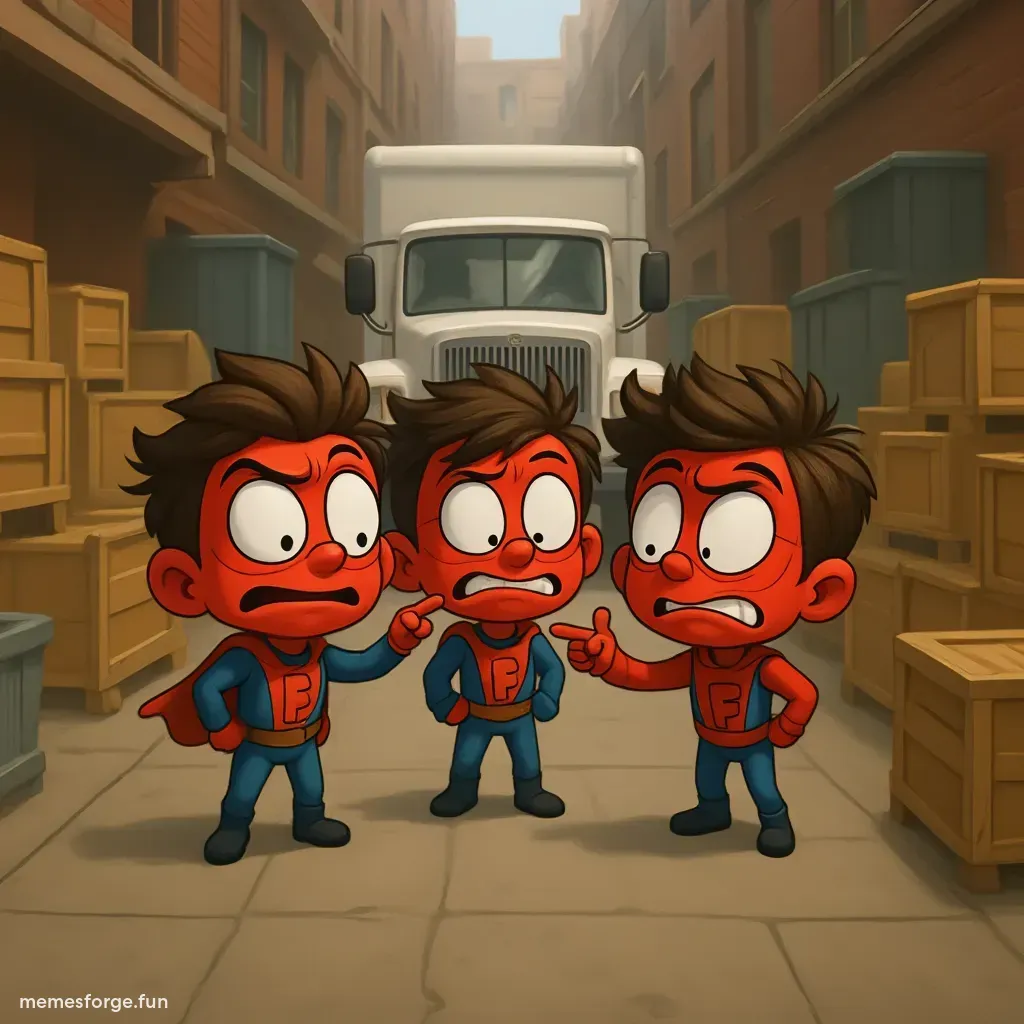 Three identical Fartboy characters in  pointing at each other in confusion. They're standing in an alleyway near wooden crates and a truck. Cartoon style with a humorous and chaotic vibe, replicating the classic 'Spider-Man pointing meme