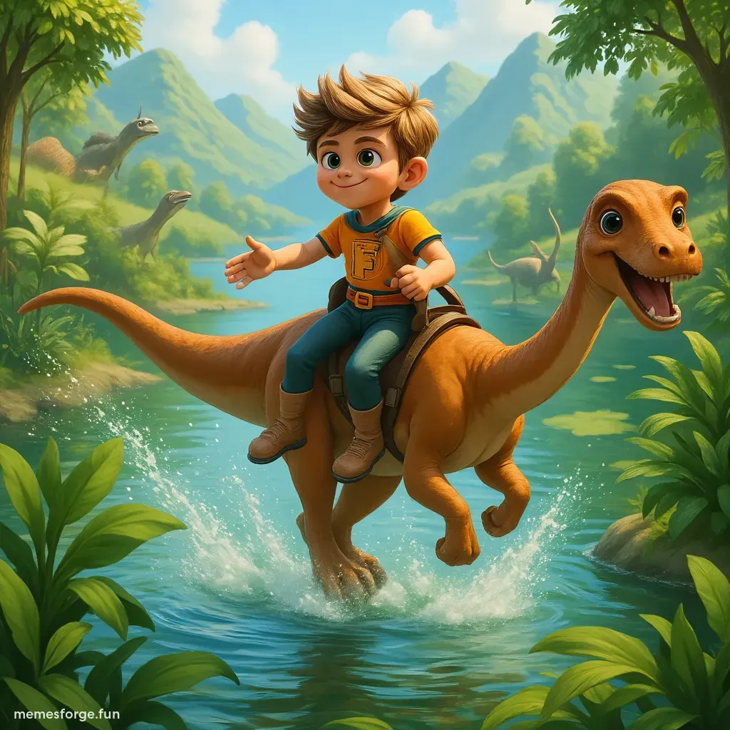 Fartboy riding a Brachiosaurus in a lake at prehistoric times with dinosaurs everywhere in a jungle