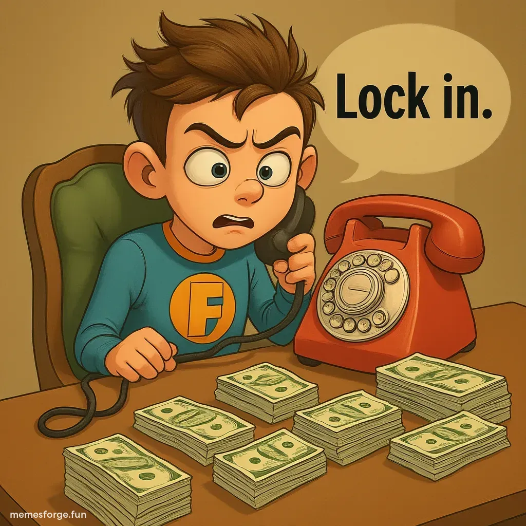 Fartboy sitting at a table with a large stack of money, talking on a vintage rotary phone. Fartboy looks serious and focused. Warm lighting with a soft, vintage aesthetic. Text at the top says 'Lock in.' in bold, retro font."