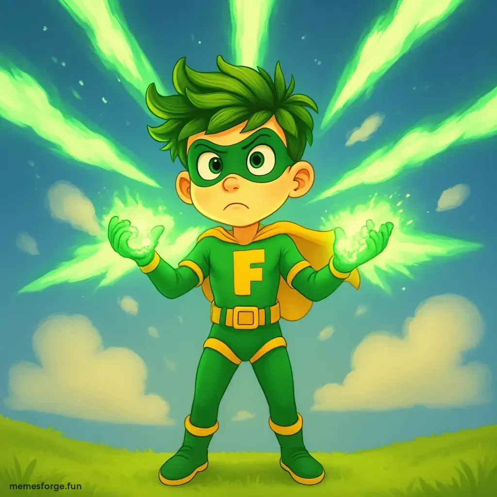 Green glowing Fart boy radiating a powerful fart beam up towards the sky from his hands, both of which are cupped together out infront of him.