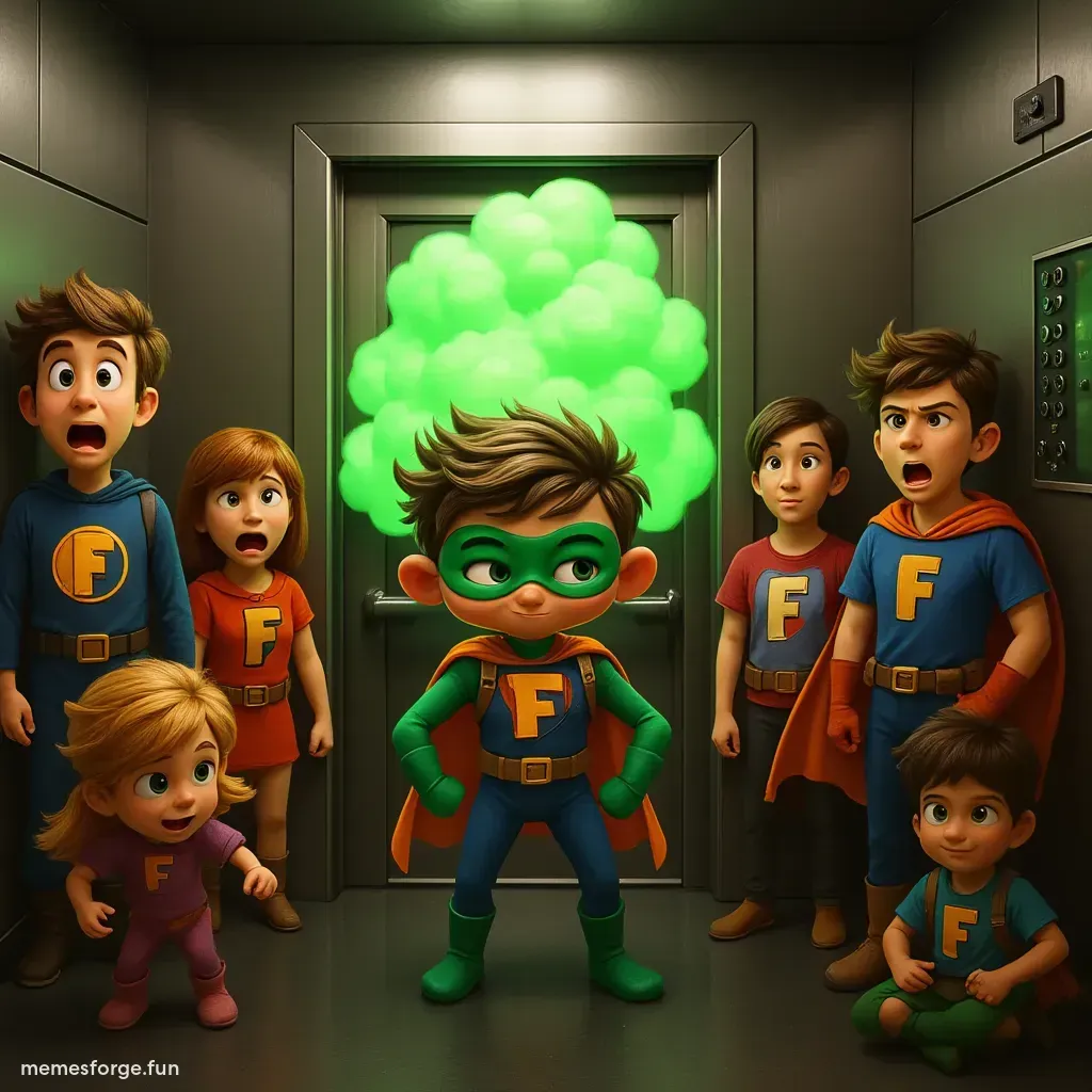 Farting in a crowded elevator trying not to laugh with a green fart cloud