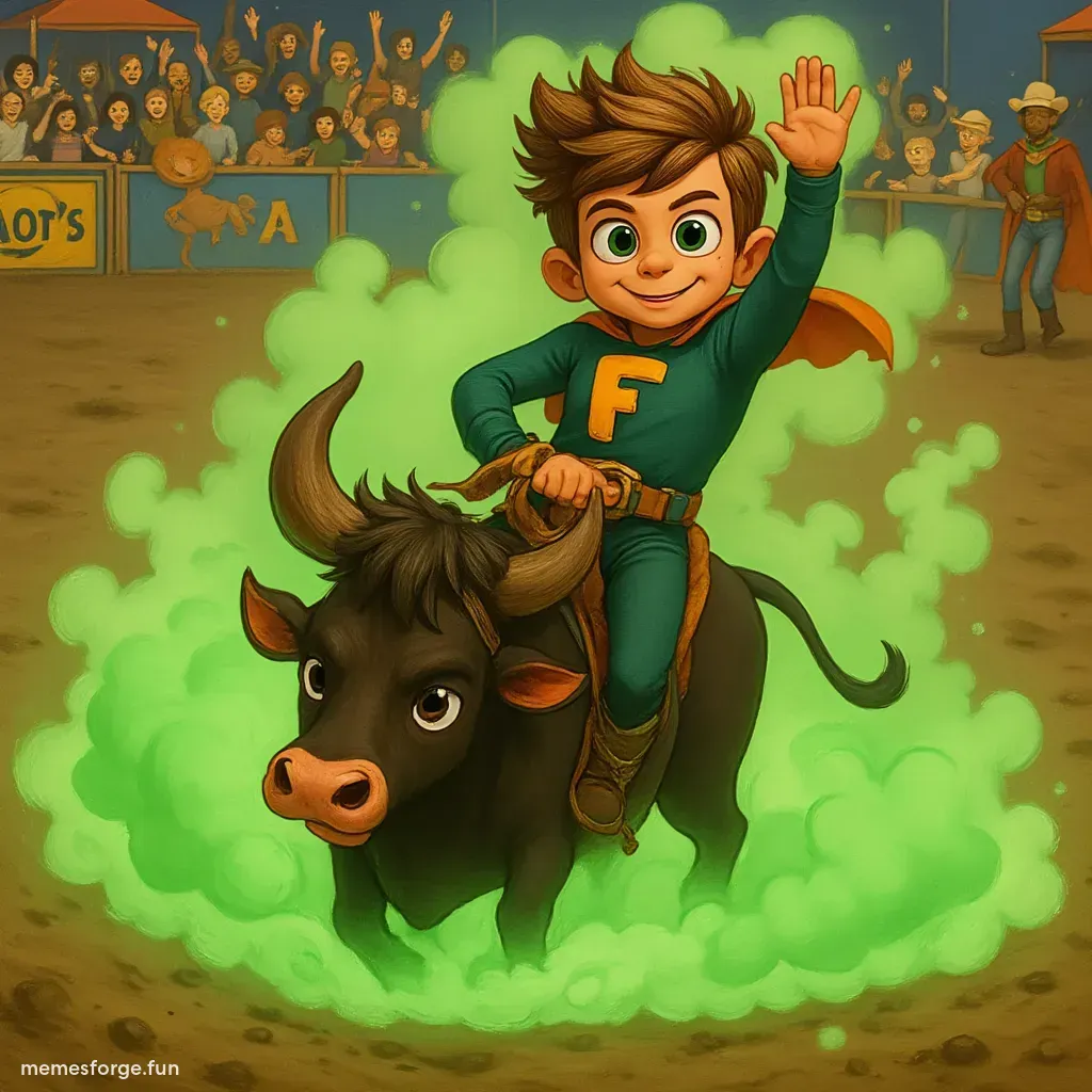 Fartboy riding bull with lots of green stinky gas