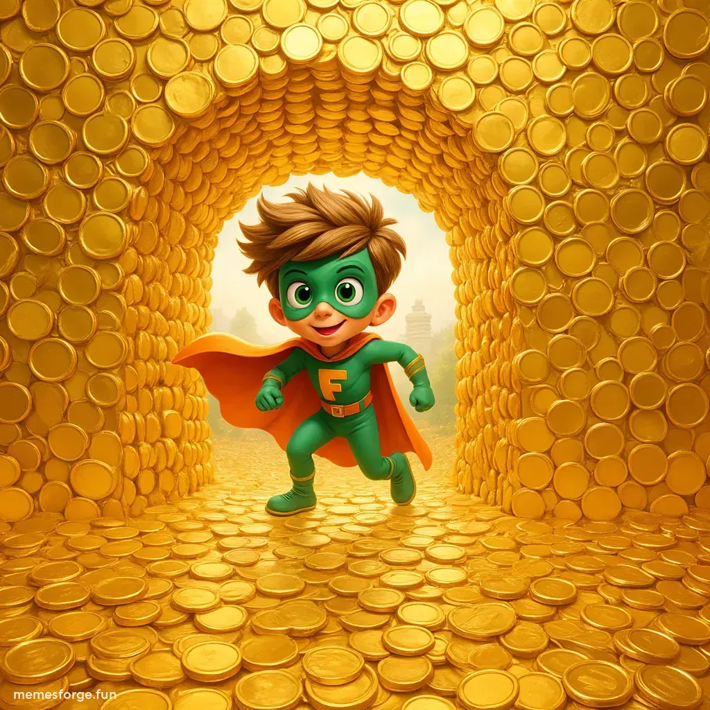 Pixelated Fartboy superhero with red cape breaking through wall of gold coins under summer sun