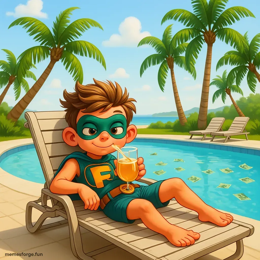 Fartboy drinking champagne on a very hot summers day by a swimming pool full on dollars