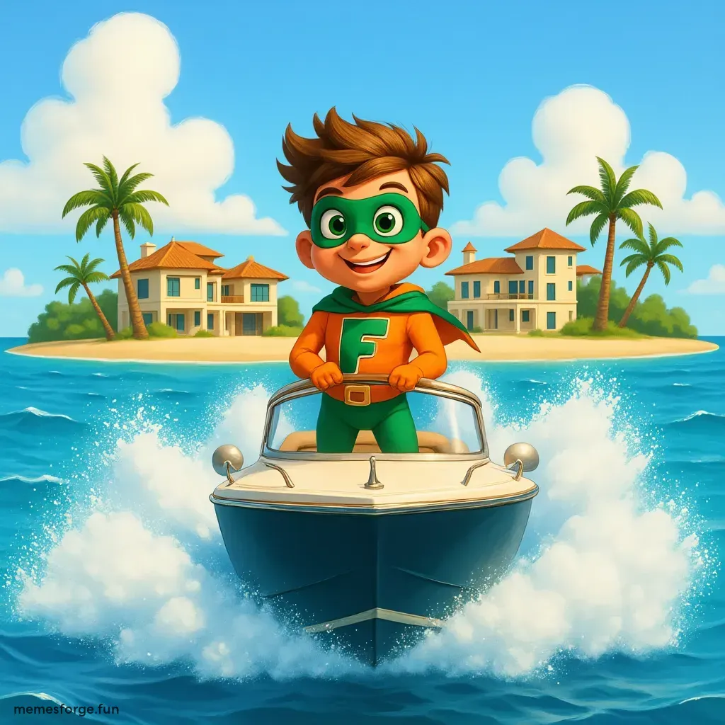 A man in a boat sailing on an island with mansions all around