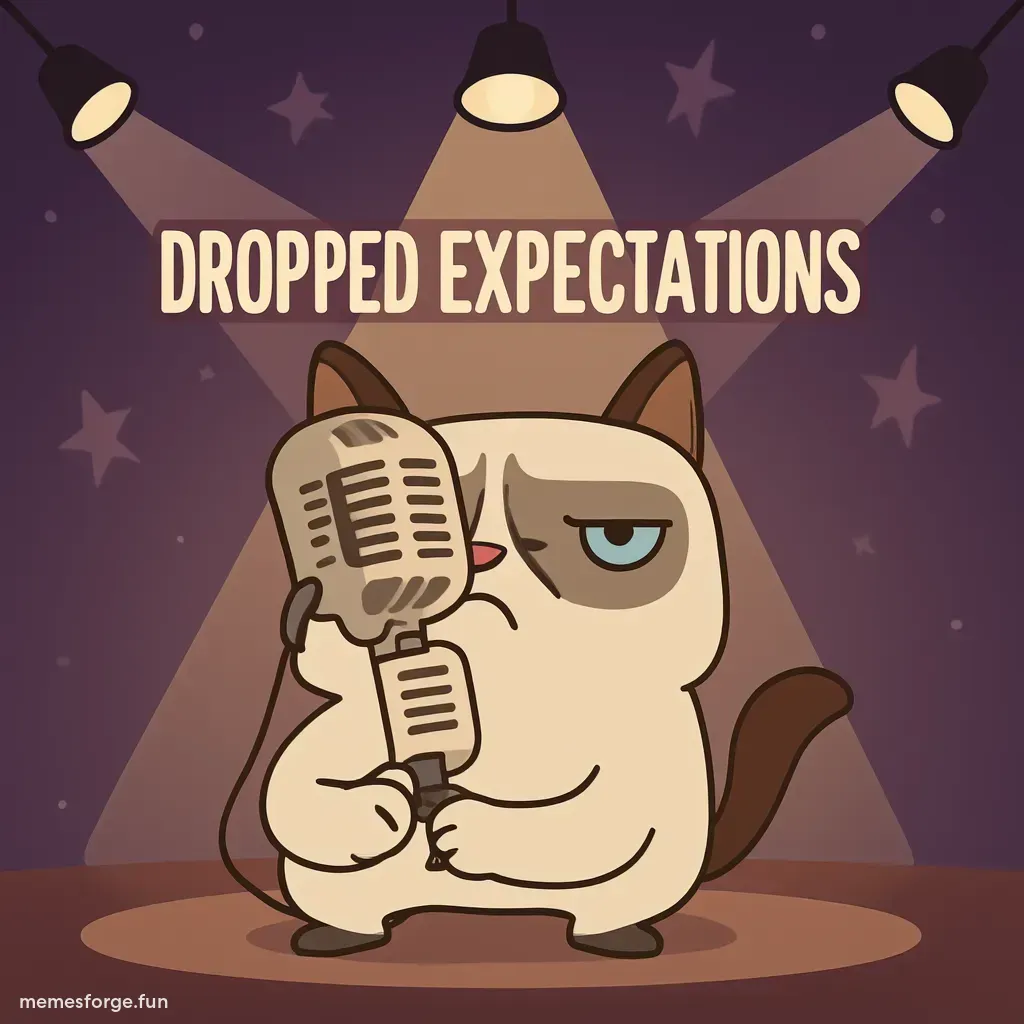 Grumpy Cat dropping a mic with a frown and text "Dropped expectations"