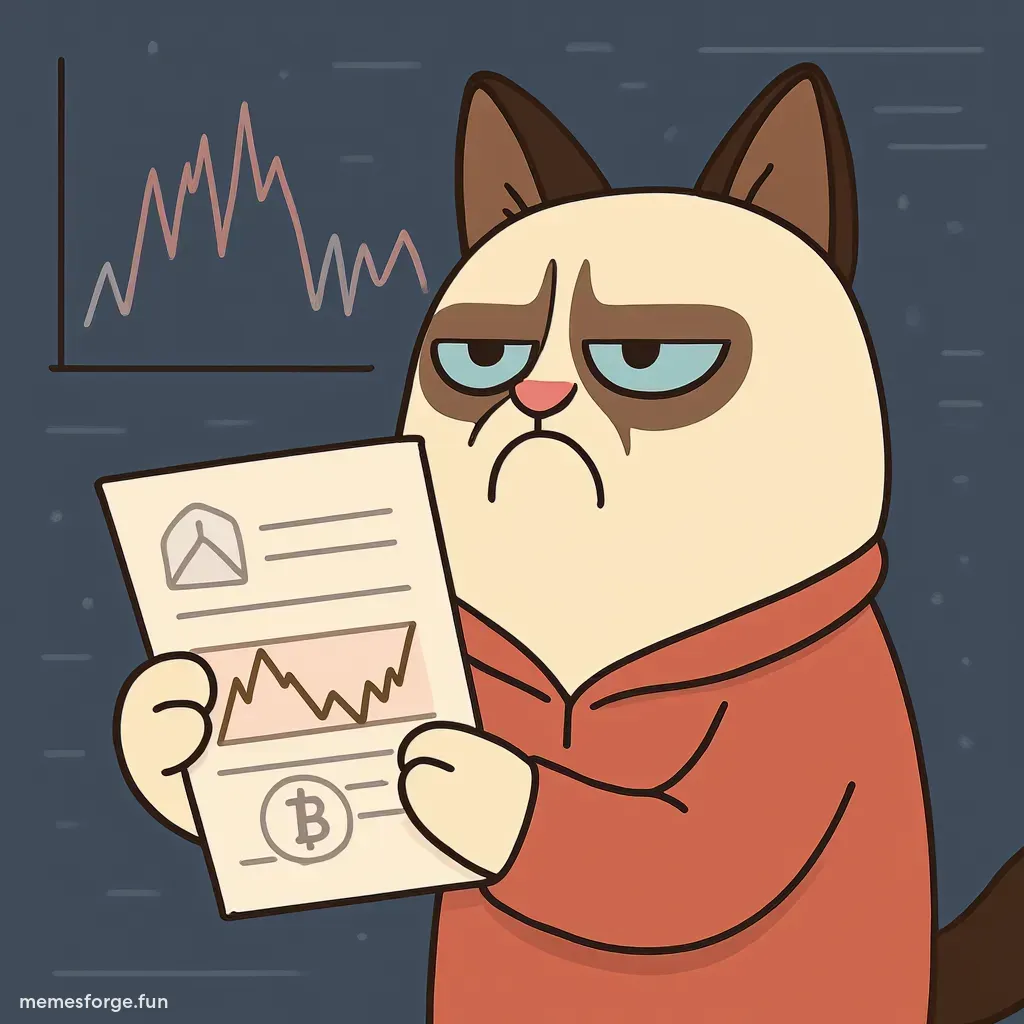 Grumpy cat with a cryptocurrency trading chart in the background