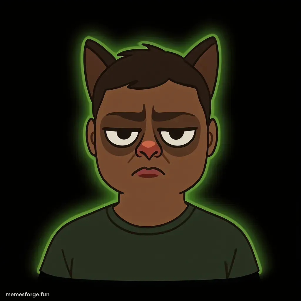 Grumpy cat styled young dark-skinned man with short hair and glowing green outline