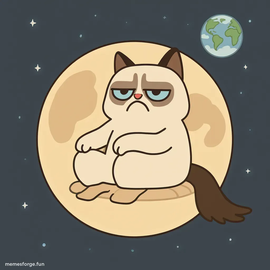 grumpy cartoon character on the moon with distant Earth