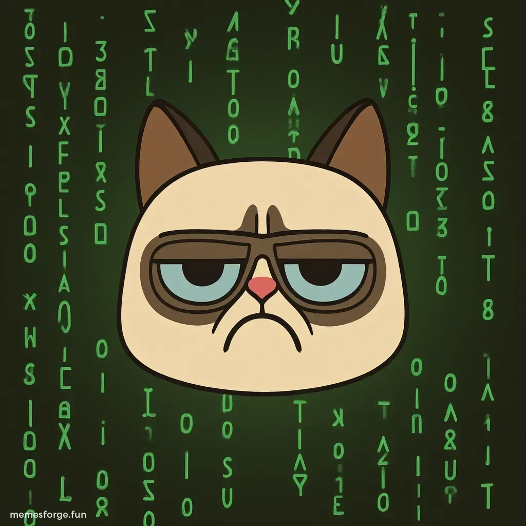 Grumpy Cat in Matrix style with green code and sunglasses