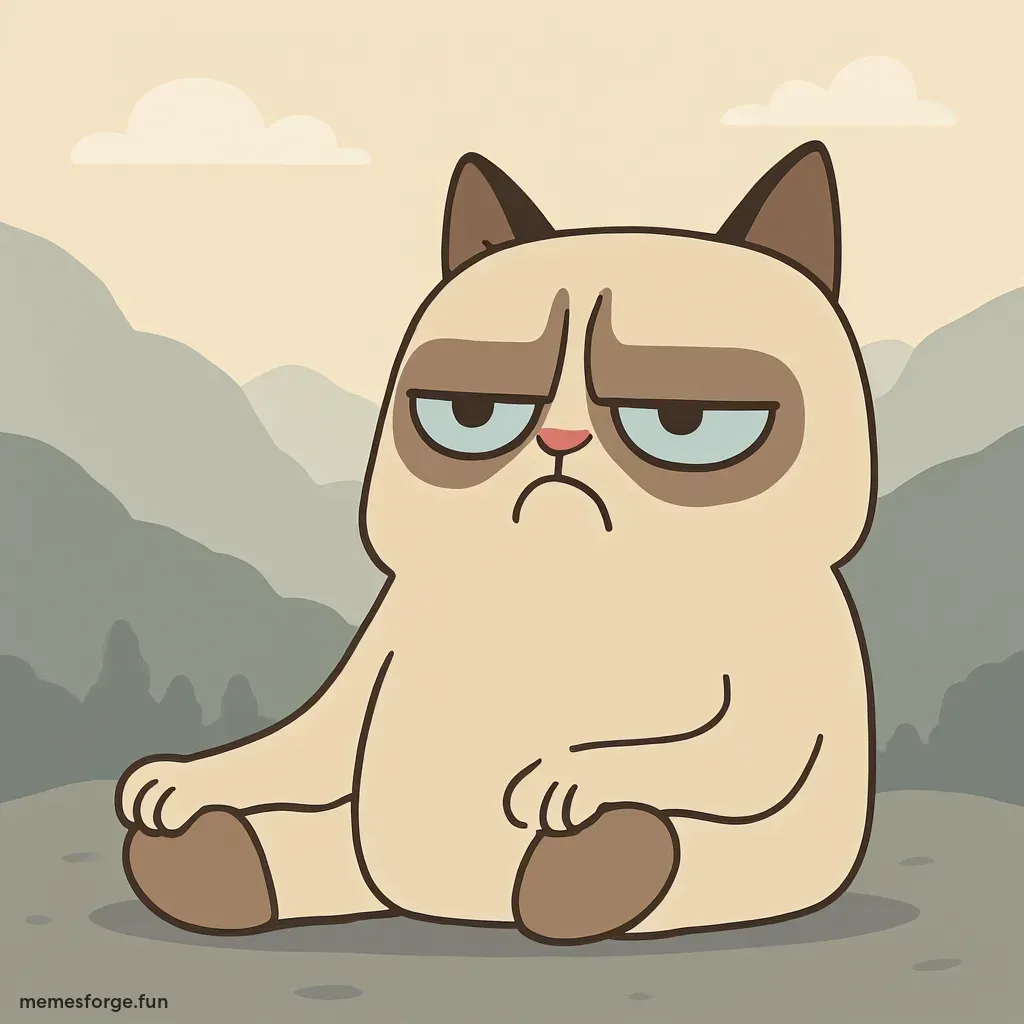 Grumpy Cat meditating with a scowl