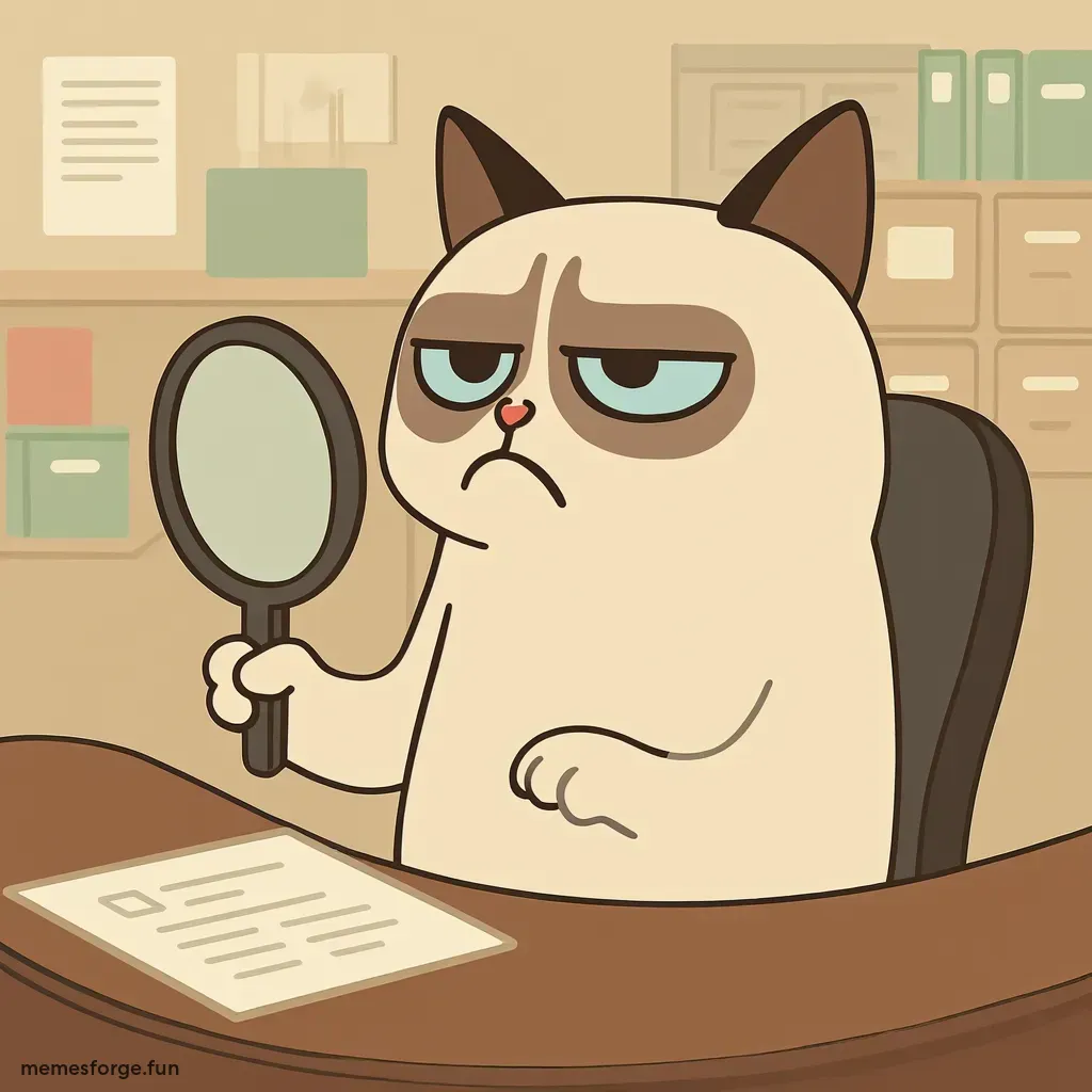 Grumpy Cat detective in office with magnifying glass