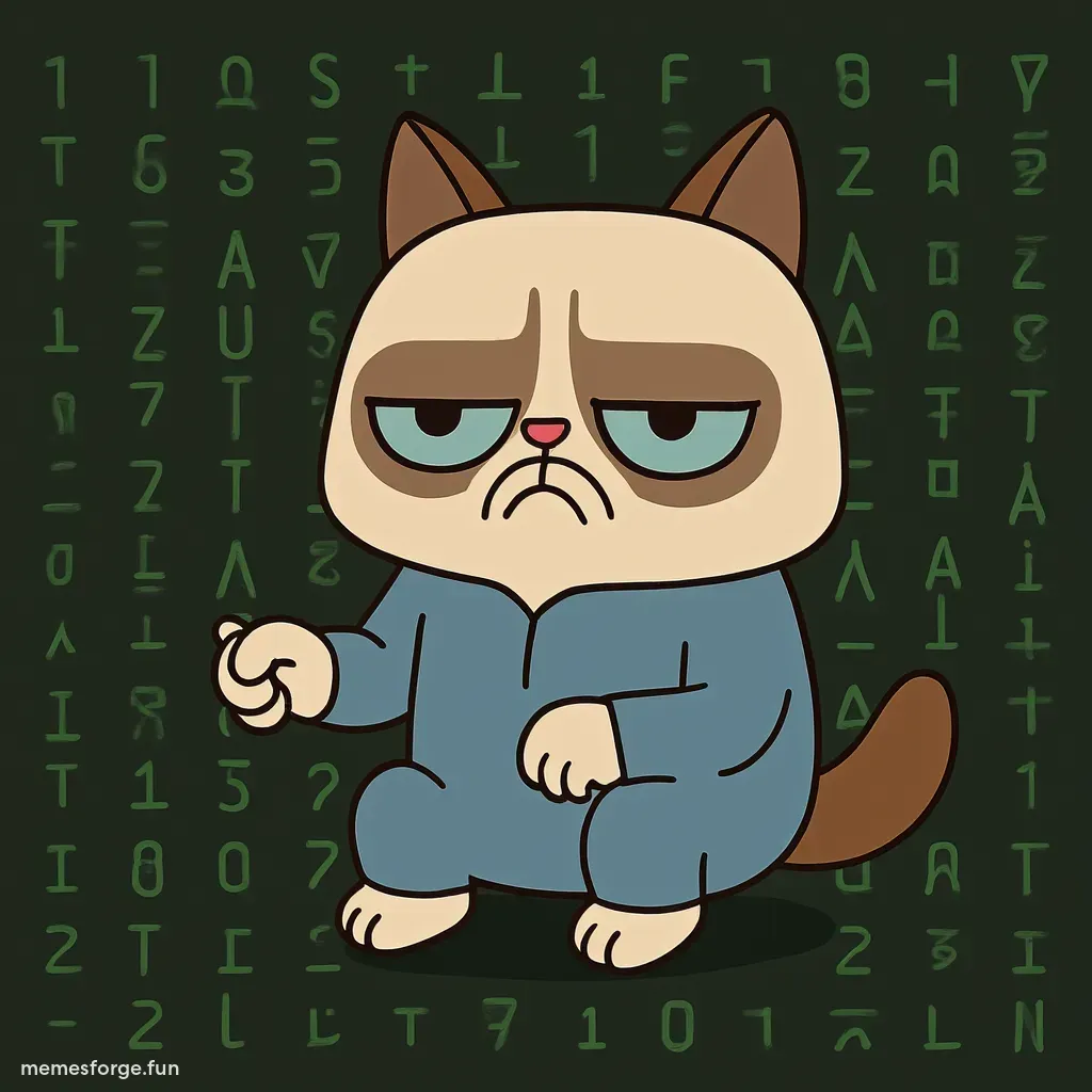 Cartoon man with white face and fox tail escaping the matrix in blue jumpsuit