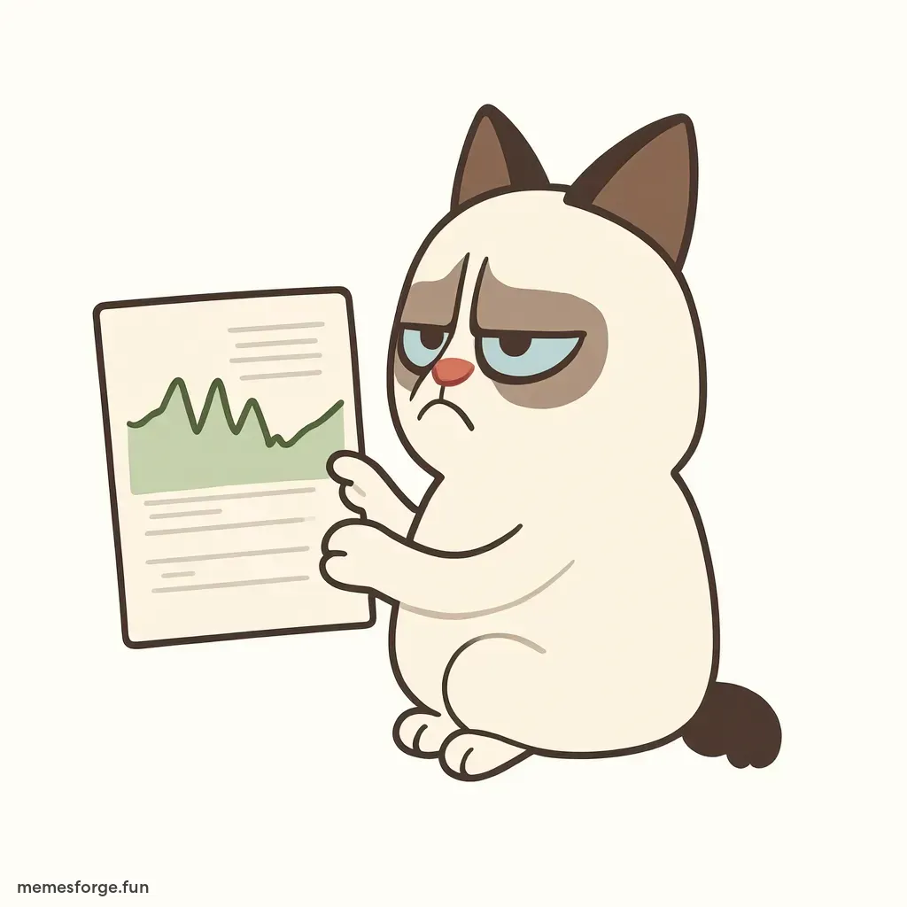 Grumpy Cat staring at a chart with green candles